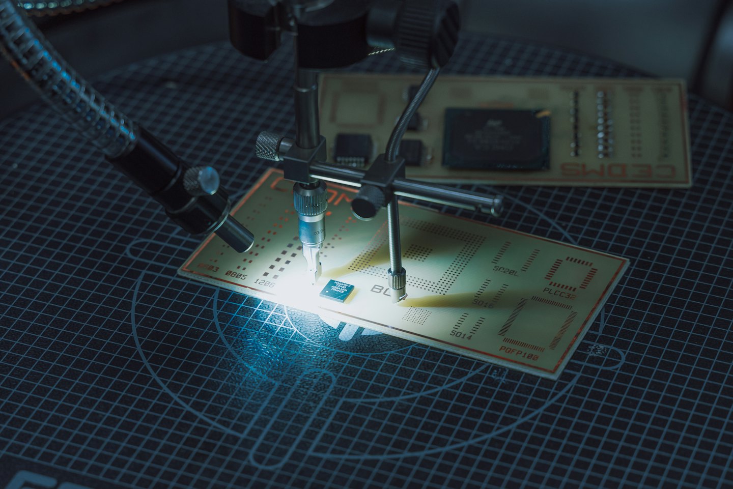 Saldatura di precisione di componenti su un circuito stampato.